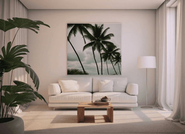 Minimalist living room with white sofa and natural light